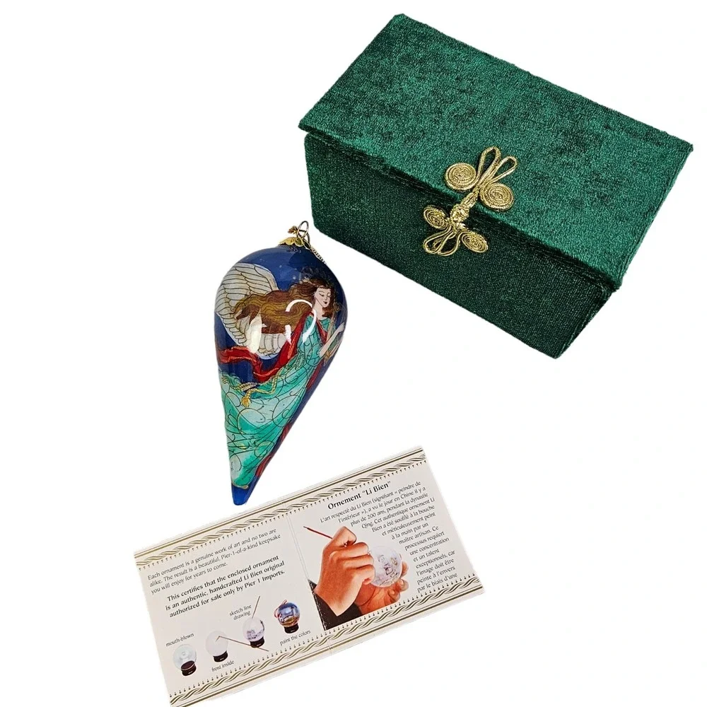 Pier 1 Li Bien Angel Ornament Inside Painted Tear Drop Shape Christmas Glass Box